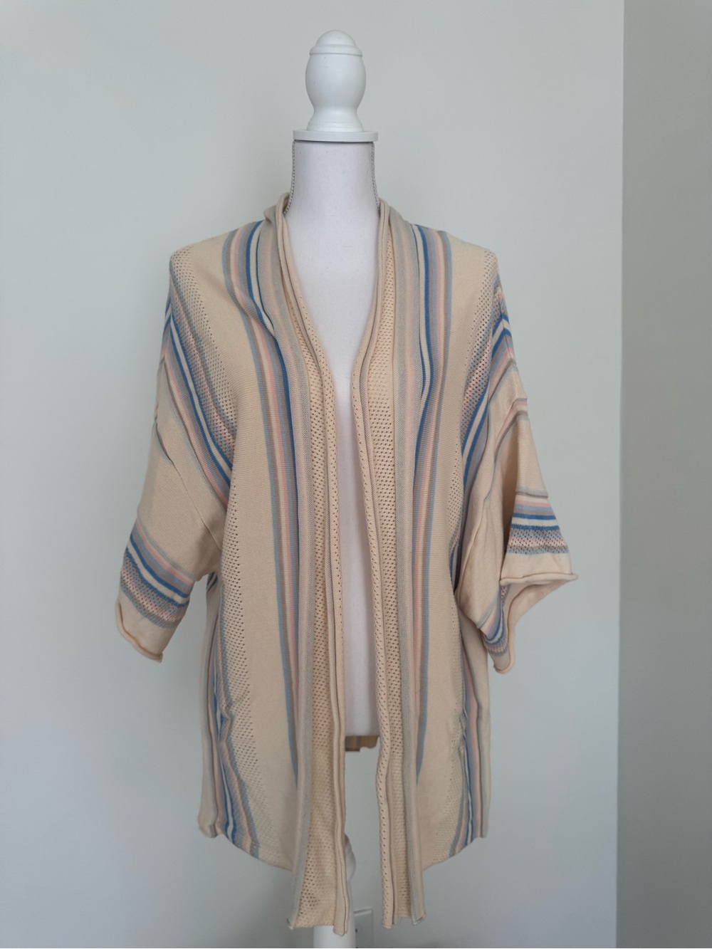 Beige / Cream Striped Open-Front Shrug with Blue and Pink Stripes